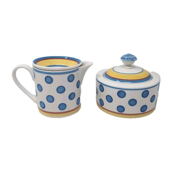 VTG Villeroy & Boch Twist Anna Cream Sugar Set With Lids White Blue Polka Dots - Picture 3 of 12